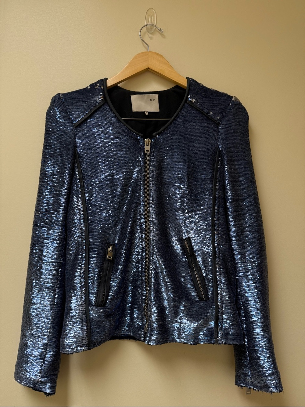 IRO Dylan Navy Sequin Zip Bomber Jacket🩵